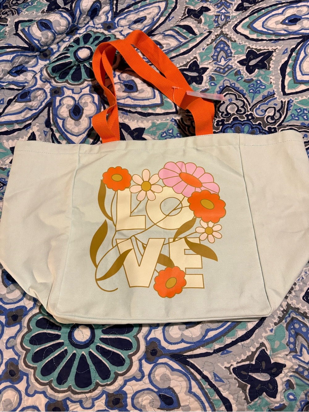 Canvas Tote Bag with Orange Floral 'LOVE' Print